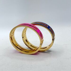 J Crew Open Bangle Set Pink Blue Enameled Goldtone